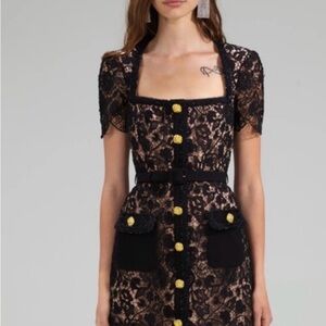 Self-Portrait Black guipure lace mini dress Dress gold buttons